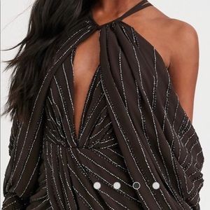 Drape shoulder midi dress.